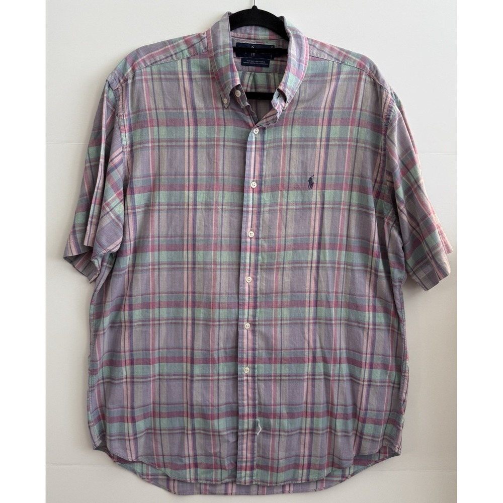 Ralph Lauren Plaid Button Down Short Sleeve Shirt Men's Large Resort Wear Pastel